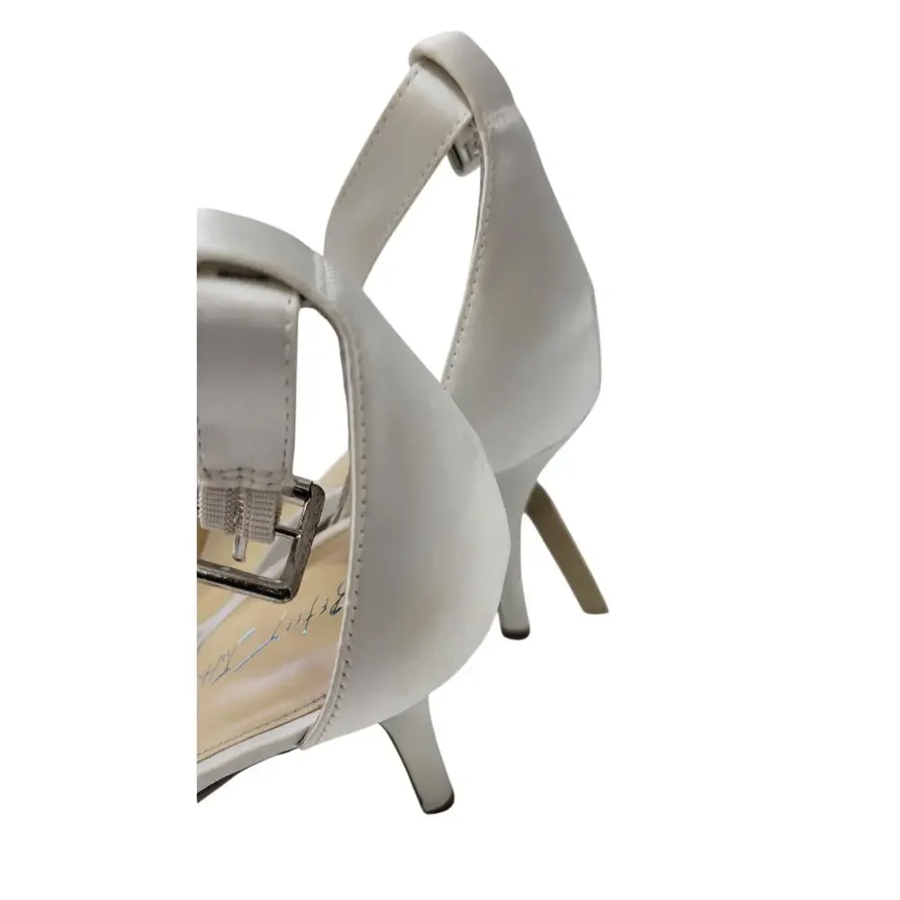 Embellished White Satin Ankle-Strap Heels